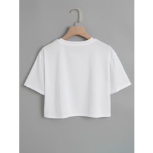 Softway Kadın Oversize Bisiklet Yaka Düz Crop T-Shirt - Beyaz