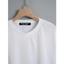 Softway Kadın Oversize Bisiklet Yaka Düz Crop T-Shirt - Beyaz