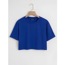 Softway Kadın Oversize Bisiklet Yaka Düz Crop T-Shirt - Saks Mavisi