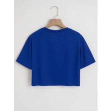 Softway Kadın Oversize Bisiklet Yaka Düz Crop T-Shirt - Saks Mavisi