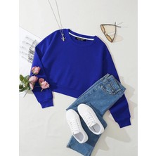 Kadın Basic Crop İçi Polarlı Oversize Sweatshirt – Saks Mavisi