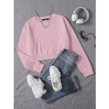 Kadın Basic Crop Içi Polarlı Oversize Sweatshirt - Pembe