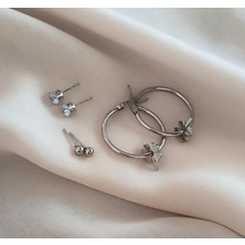 HD Marketim Küpe 3 Lü Set Kararmaz Çelik 316L Lüks Küpe Renk Gri Taşlı Küpe