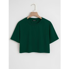 Softway Kadın Oversize Bisiklet Yaka Düz Crop T-Shirt - Yeşil