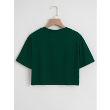 Softway Kadın Oversize Bisiklet Yaka Düz Crop T-Shirt - Yeşil