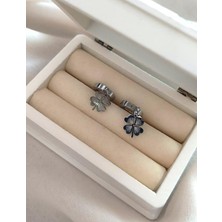 HD Marketim Küpe Kararmaz Çelik 316L Lüks Küpe Yonca Renk Gri Taşlı Küpe