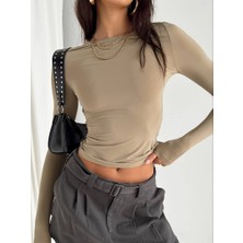 Oceans Butik Bej Bisiklet Yaka Bluz Darkalıp Ribana Kumaş Darkalıp Spor Body