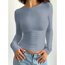 Oceans Butik Buz Mavi Bisiklet Yaka Bluz Darkalıp Ribana Kumaş Darkalıp Spor Body