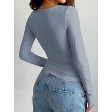 Oceans Butik Buz Mavi Bisiklet Yaka Bluz Darkalıp Ribana Kumaş Darkalıp Spor Body