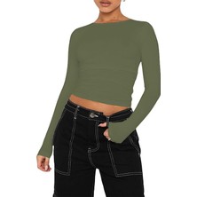 Oceans Butik Haki Bisiklet Yaka Bluz Darkalıp Ribana Kumaş Darkalıp Spor Body