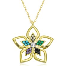Ervanur 925 Ayar Gümüş Gold Renkli Taşlı Çiçek Kadın Kolye