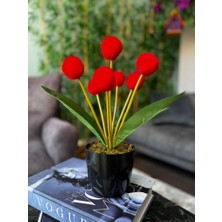 Nettenevime Yapay Çiçek Kırmızı Pompon Siyah Saksıda Dekoratif Yapay Çiçek 30 x 20 cm