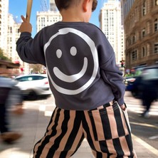 Lolliboom Kids Erkek Çocuk Somon Siyah Renk Çizgili Eşofman Altı Smile Efekt 3 Iplik Sweatshirt 2 Parça Eşofman Takımı