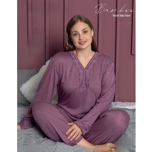 Pijamerry Kadın Büyük Beden Dantel Yaka Bambu Uzun Kol Pijama Takımı 5166 - 1 Adet