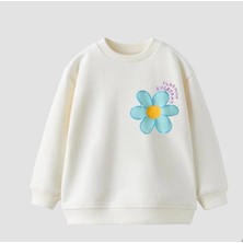 Lolli Boom Kids  Kız Çocuk Ekru - Mavi Papatya Baskılı Ispanyol Paça Taytlı Sweatshirt 3 Iplik 2 Parça Alt Üst Takım