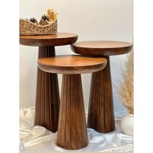 Simillo Home & Living Wood Wooden 3’lü Set Fitilli Mantar Yan Sehpa Modern Açık Ceviz Renk Fiskos