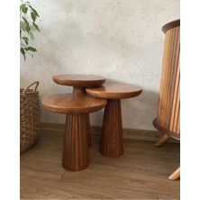 Simillo Home & Living Wood Wooden 3’lü Set Fitilli Mantar Yan Sehpa Modern Açık Ceviz Renk Fiskos