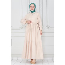 Gömlek Yaka Beli Tünelli Sare Elbise-Bej