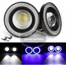ŞüsCarOto Aksesuar Mitsubishi Lancer 2007-2014 Uyumlu Üniversal Mercekli Angel Sis Farı Metal Su Geçirmez 76 mm Mavi Halkalı Gündüz Farı Angel Eyes 2 Adet