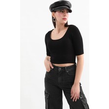 Yarım Kol Fitilli Crop Top Siyah