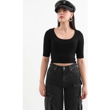 Yarım Kol Fitilli Crop Top Siyah