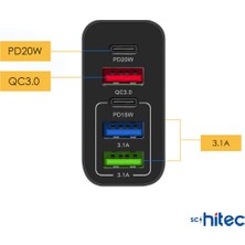 Schitec 65W 2 Type-C + 3 Usba Toplam 5 Çıkışlı Philips 3A 45W Usba To Micro Kablolu Şarj Aleti Siyah SR103