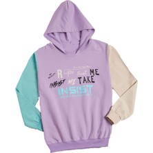 İrem Çocuk Giyim Kız Çocuk Insist Yazı Desenli Blok Renk Kollu Kapüşonlu Lila Renk Sweatshirt