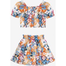 Minojoy Mara Çiçek Desenli Kız Çocuk Crop Bluz Etek Takım