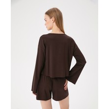 Ayma Active Kahverengi Kadın Uzun Kollu Düğmeli Volanlı Pijama Üstü