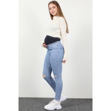 Blue White Kadın Yüksek Bel Düğmesiz Skinny Fit Hamile Jean Pantolon Açık Mavi