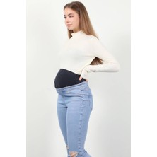 Blue White Kadın Yüksek Bel Düğmesiz Skinny Fit Hamile Jean Pantolon Açık Mavi