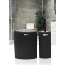 Okyanus Home Mina Siyah Ahşap Desenli Çizgili Yuvarlak 2'Li Wc Kova Ve Fırça Seti