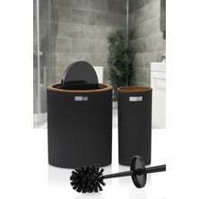 Okyanus Home Mina Siyah Ahşap Desenli Çizgili Yuvarlak 2'Li Wc Kova Ve Fırça Seti