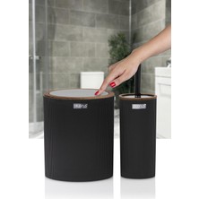 Okyanus Home Mina Siyah Ahşap Desenli Çizgili Yuvarlak 2'Li Wc Kova Ve Fırça Seti