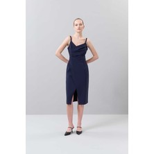 ROMAN Askılı Drape Detaylı Asimetrik Elbise Lacivert K2511017_015