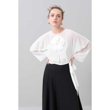 ROMAN Gül Motifli Belden Bağlamalı Yarasa Kol Bluz Kemik K2513040_019