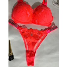 Victoria Neon Pembe Taş Detaylı Dantel Iç Çamaşır Takım