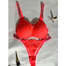 Victoria Neon Pembe Taş Detaylı Dantel Iç Çamaşır Takım