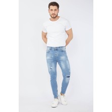 Blue White Erkek Skinny Fermuarlı Paça Detaylı Jean Açık Mavi