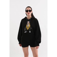 Markapia Woman Siyah Baskılı Kapüşonlu Oversize Sweatshirt M