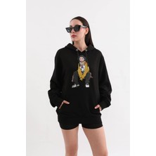 Markapia Woman Siyah Baskılı Kapüşonlu Oversize Sweatshirt M