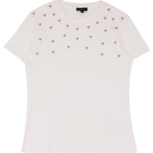 Fabrika Comfort Bisiklet Yaka Taşlı Kırık Beyaz Kadın T-Shirt FC4WL-TST0515