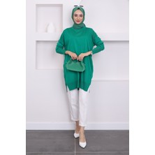 Yeşil Bisiklet Yaka Merserize Salaş Triko Tunik