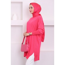 Fuşya Bisiklet Yaka Merserize Salaş Triko Tunik