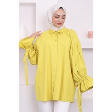 Yağ Yeşili Balon Kol Detaylı Terikoton Gömlek