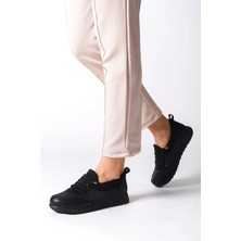 Preshley Preshley Kadın Galina Siyah Taşlı Bağcıklı Lastikli Ortopedik Rahat Taban Taş Detaylı Günlük Babet Anne Ayakkabısı