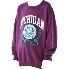 İrem Çocuk Giyim Kız Çocuk Michigan Yazı Desenli Mor Renk Mevsimlik Sweatshirt