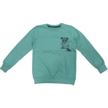 İrem Çocuk Giyim Erkek Çocuk Panda Star Önü Arkası Yazı Resim Desenli Yeşil Renk Sweatshirt