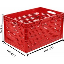 Alpbx 1.Kalite Delikli Kırmızı Plastik Kasa 60x40x32 cm - Kokusuz Sağlam Plastik Sepet 65 Litre