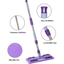 Befto Home Mandallı Mikrofiber Mop, Yer Mopu, Fayans, Duvar, Yüzey Temizlik (1 Adet Yedek Bez Hediyeli) - Mor